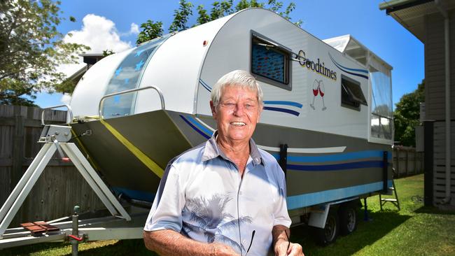 Al Toombs with his trailable house boat which he built himself is now up for sale. Picture: Shae Beplate.