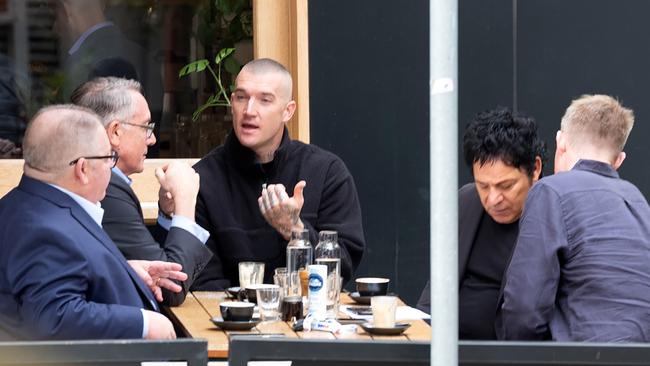 Foxtel boss Patrick Delany, Fox Sports managing director Steve Crawley, Dustin Martin, Fox Footy commentator Jack Riewoldt and Martin's manager Ralph Carr.