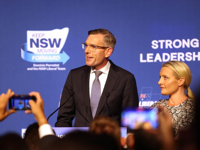 Dominic Perrottet pictured on stage with his wife at the Liberal Election Party after conceding defeat. Picture: Damian Shaw