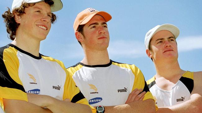 Lochlan Veale pictured in 2002 with fellow Hawks draftees Tim Boyle and Luke Brennan at Hawthorn training at Glenferrie Oval.