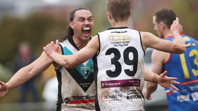 Thor Boscott Cygnet playing coach with Jesse Cowen. Huonville Lions V Cygnet seniors. SFL grand finals at North Hobart Oval. Picture: Nikki Davis-Jones