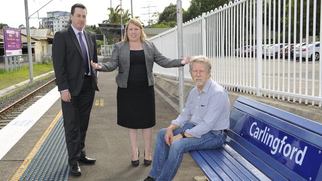 Hills Shire Mayor Michelle Byrne and councillor Andrew Jefferies, along with local resident Grahame Smith, have been calling for better public transport options for Carlingford residents. Picture: Craig Wilson