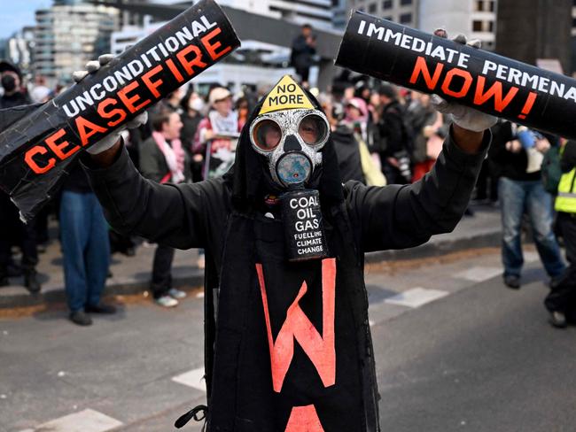 Protesters gather outside the Land Forces 2024 arms fair in Melbourne on September 11, 2024. Picture: AFP