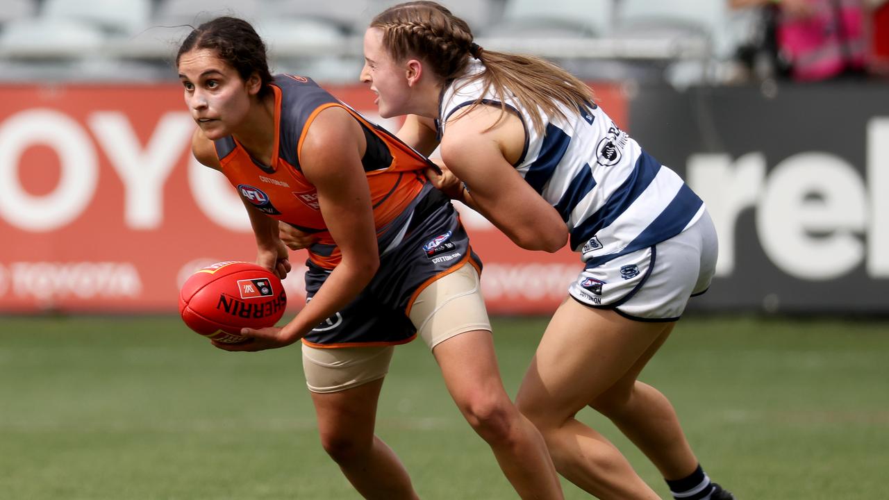 Haneen Zreika (left) sat out the Giants’ last game. (Photo by Jonathan DiMaggio/AFL Photos/Getty Images)