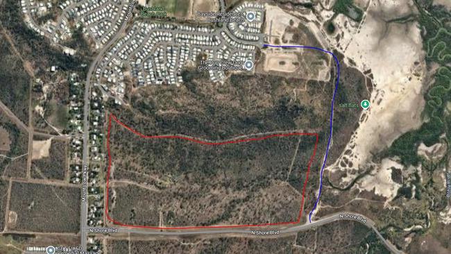 Satellite view of the proposed subdivision (in red) and the land set aside for the second access road (blue)