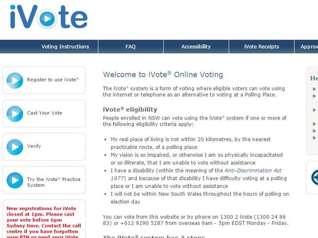 Screen grab from the internet of voting website iVote. NSW Election.