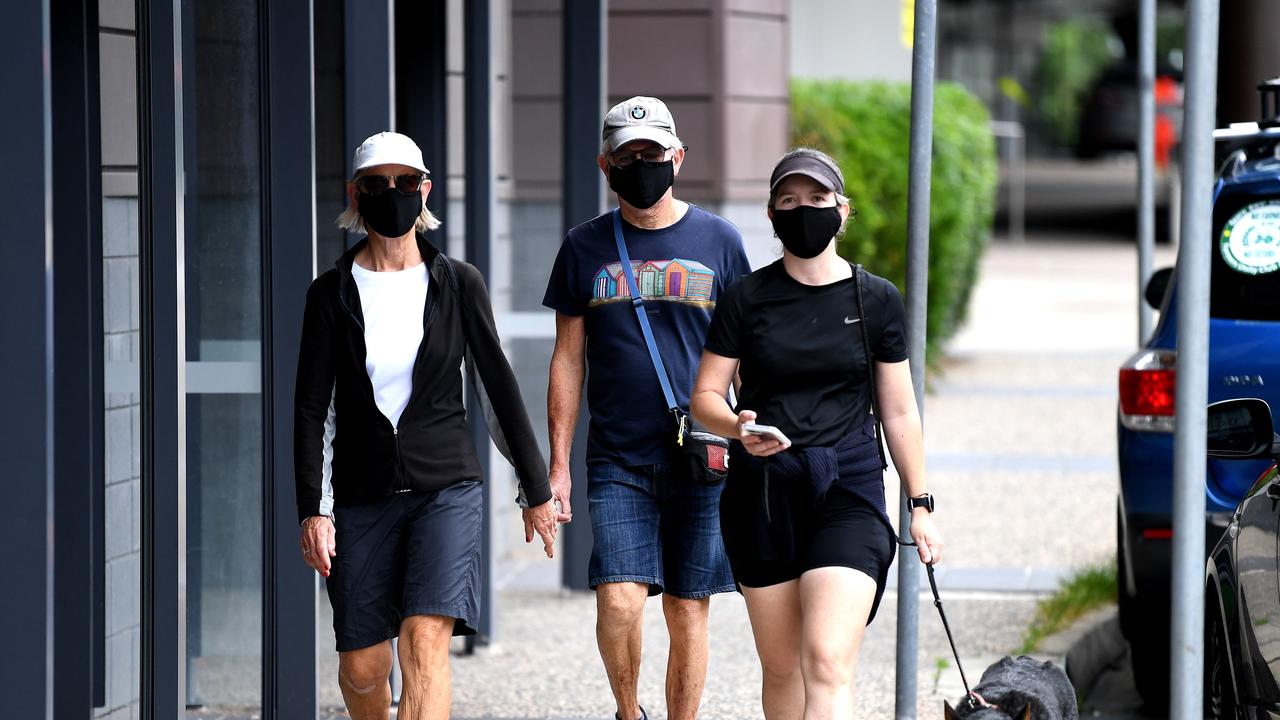 Queensland has taken up mask use as Brisbane goes into a three-day lockdown, which will end at 6pm on Monday depending on latest case numbers. Picture: NCA NewsWire/Dan Peled