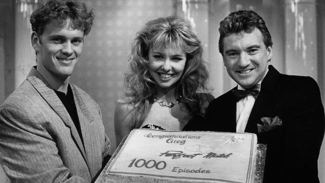 Host Greg Evans (right) with Kerrie Friend and actor Craig McLachlan on TV show Perfect Match in 1989. Picture: Channel 10.