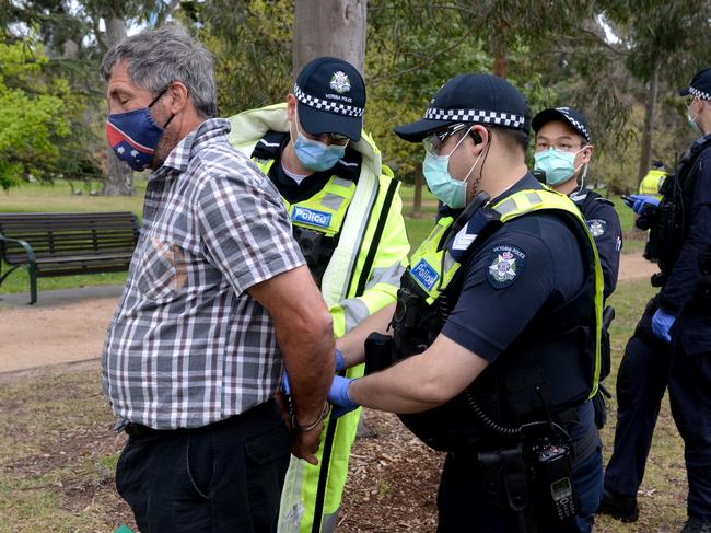 The protester is handcuffed. Picture: Andrew Henshaw