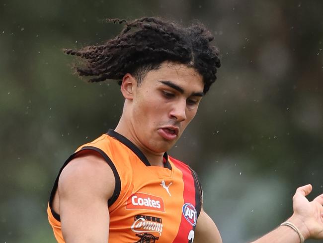 MELBOURNE, AUSTRALIA - APRIL 06: Isaac Kako of the Cannons kicks the ball during the 2024 Coates Talent League Boys Round 3 match between the Calder Cannons and the Northern Knights at Highgate Recreation Reserve on April 06, 2024 in Melbourne, Australia. (Photo by Rob Lawson/AFL Photos)