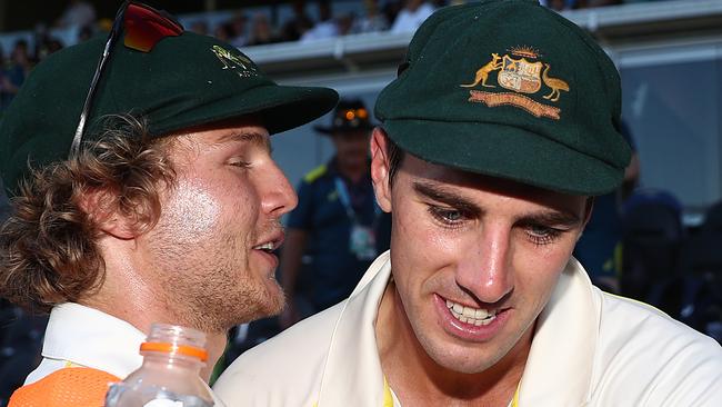 Will Pucovski congratulates Pat Cummins after his day three heroics at the Gabba.