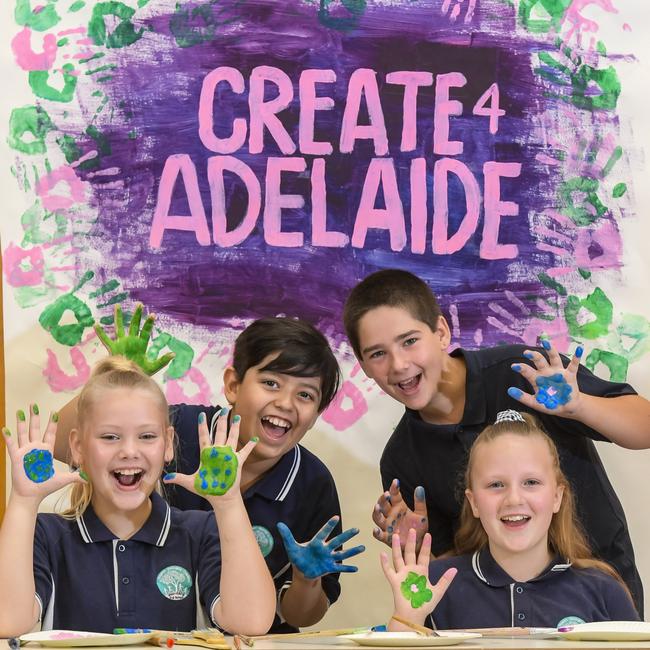 Create4Adelaide project launch: Wandana School students Sophie Newbound, 11, Sebastian Ponce, 11 , Douglas McGrady, 11, and Mistique Morris, 10. Picture: Roy Vandervegt