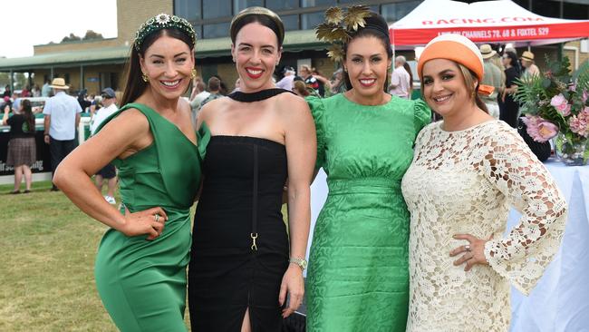 Yarra Valley Cup 2024. Host: Charlotte Hall and fashion on the field judges: Stephanie Schalken, Emma Scodellaro and Giselle Greig. Picture: David Smith