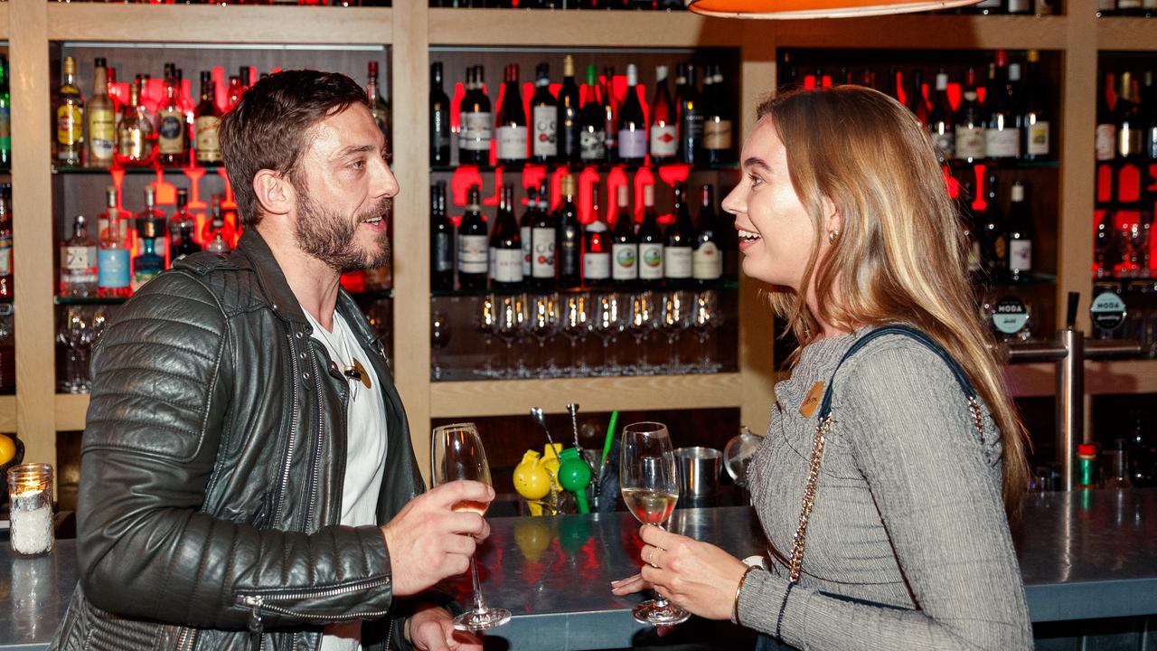 Sam Norton and Devon Verberkmoes mingle at an Unwritten Dating club event for 30-45 year olds at The Wine Library in Woollahra. Picture: Max Mason-Hubers