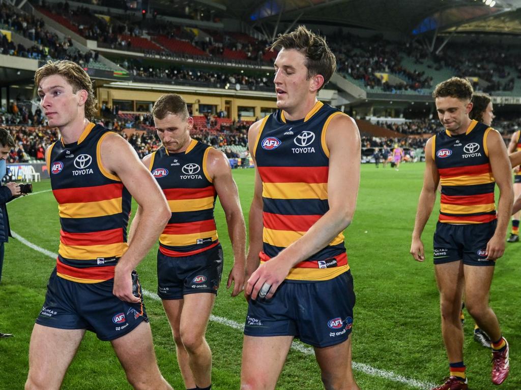 ADELAIDE, AUSTRALIA – APRIL 19: Crows head off the ground after their loss during the round six AFL match between Adelaide Crows and Essendon Bombers at Adelaide Oval, on April 19, 2024, in Adelaide, Australia. (Photo by Mark Brake/Getty Images)