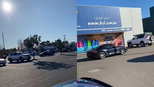 The moment an allegedly stolen Porsche was chased by police through a Bunnings Warehouse carpark has been captured on camera. Picture: Facebook