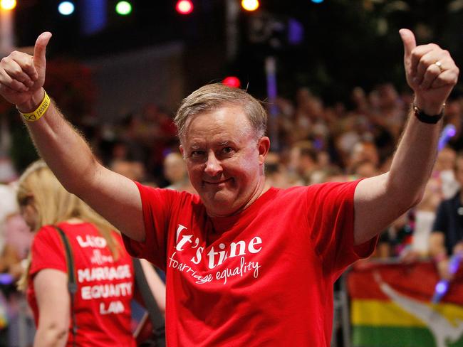 SYDNEY, AUSTRALIA - MARCH 05: Anthony Albanese marches during the 2016 Sydney Gay & Lesbian Mardi Gras Parade on March 5, 2016 in Sydney, Australia. The Sydney Mardi Gras parade began in 1978 as a march and commemoration of the 1969 Stonewall Riots of New York. It is an annual event promoting awareness of gay, lesbian, bisexual and transgender issues and themes.  (Photo by Brendon Thorne/Getty Images)