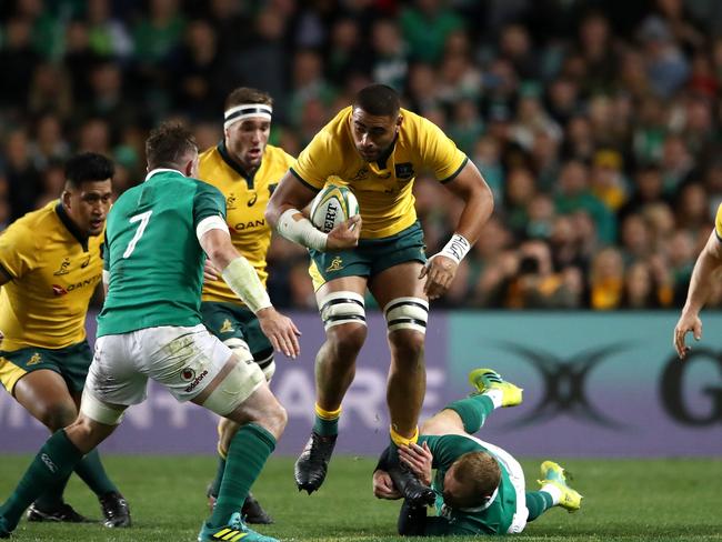 Lukhan Tui makes a charge for the Wallabies. Picture: Getty