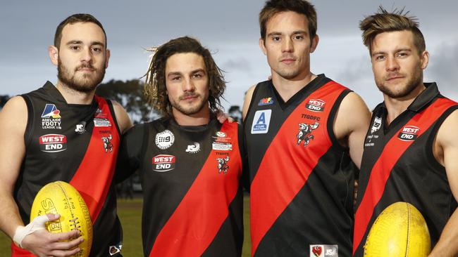 Tea Tree Gully’s new playing-coach Alex McKay (middle, left) has his players in dominant form to start 2022. Picture: Russell Millard