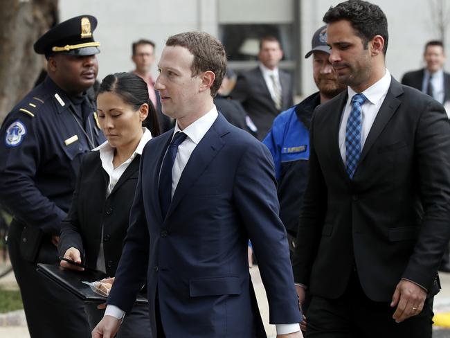 Facebook CEO Mark Zuckerberg arrives to testify before a House Energy and Commerce hearing on Capitol Hill in Washington. Picture: AP