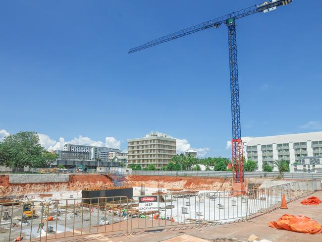 A crane on Darwin’s skyline as work progresses at the CDU City Campus. Picture: Glenn Campbell