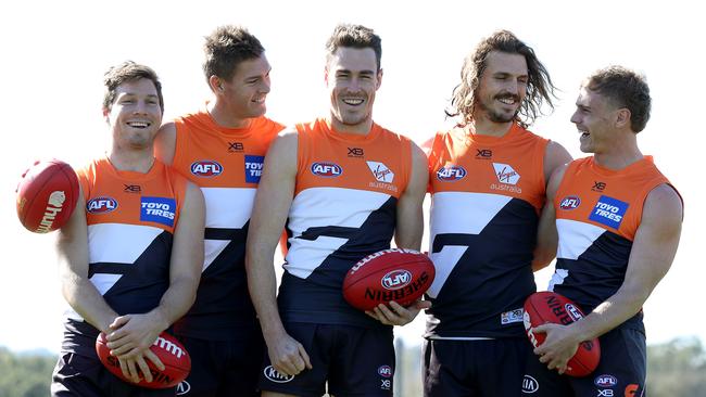 Toby Greene, Adam Tomlinson, Jeremy Cameron, Phil Davis and Adam Kennedy have been with the Giants since their first game. Picture: Toby Zerna