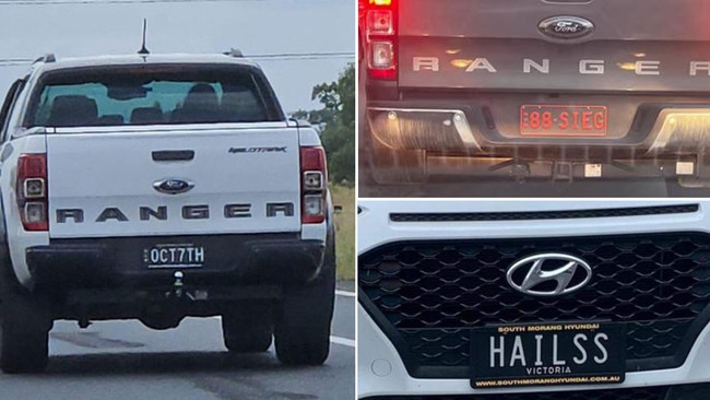 The anti – Semitic number plate which has somehow made it through and has been seen on Sydney's roads, left, and two plates which were cancelled recently, top right and bottom right.