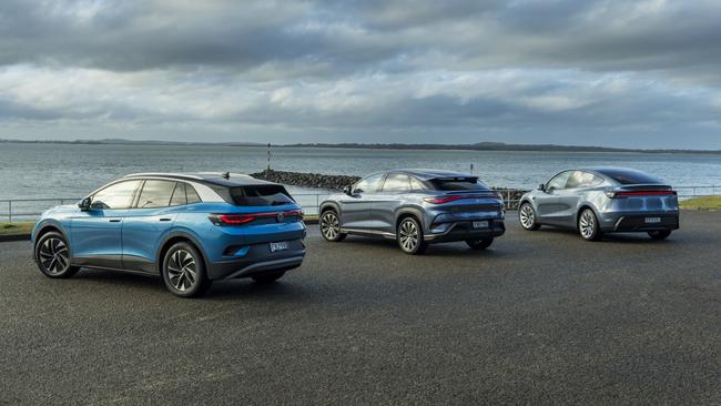 2025 Tesla Model Y, BYD Sealion 7 and Volkswagen ID. 4 Pro. Picture: Mark Bean