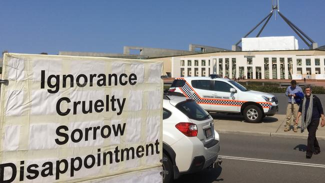 The protest sign outside Parliament House yesterday. Picture: James Jeffrey