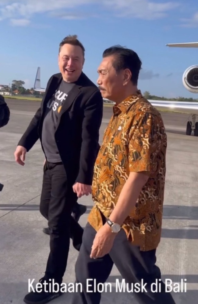 Musk pictured with Maritime and Investment co-ordinating minister Luhut Binsar Pandjaitan. Picture: Luhut Pandjaitan/X