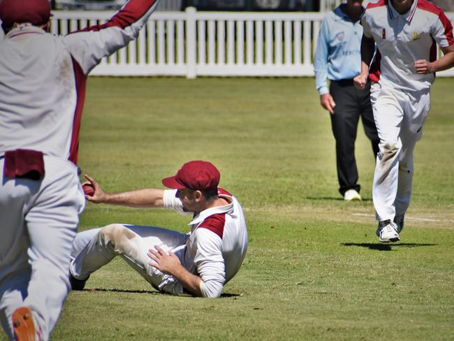 Brothers Clocktower Hotel captain Jake Kroehnert takes a sharp catch at short mid wicket to remove Ulmarra Hotel Tucabia Copmanhurst No.6 batsman Andrew Ellis for 2 off the bowling of Ethan Lucas.