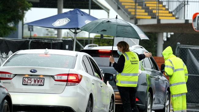 The vaccination hub at Brisbane’s Doomben racecourse on Saturday. Picture: David Clark