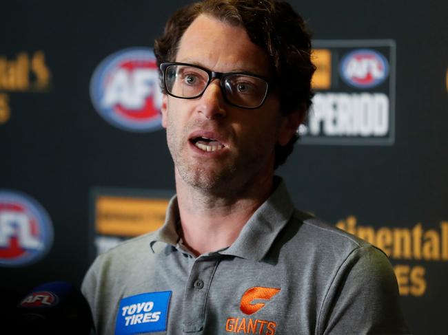 MELBOURNE, AUSTRALIA - OCTOBER 03: Adrian Caruso, National Recruiting Manager of the Giants speaks with media during The 2022 Continental Tyres AFL Trade Period at Marvel Stadium on October 03, 2022 in Melbourne, Australia. (Photo by Michael Willson/AFL Photos via Getty Images)