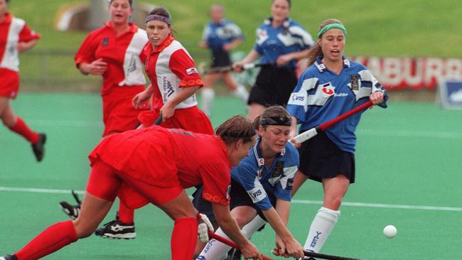 Player Katie Allen with Amanda Gillon (right) during the hockey game - Adelaide Suns vs Victorian Vipers match at The Pines.