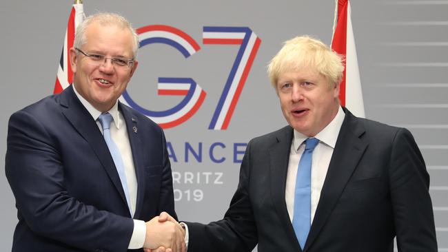 Scott Morrison and Boris Johnson meet at the G7 Summit in Biarritz, France, in August. Picture: Adam Taylor/PMO