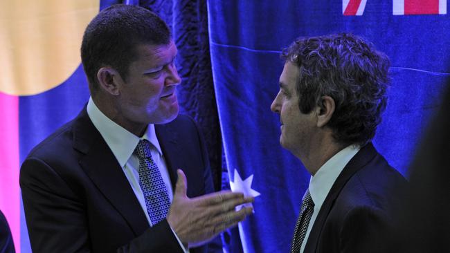 James Packer, left, speaks with then CEO Rowen Craigie at Crown in Melbourne in 2013. Picture: AAP