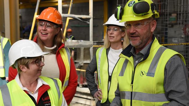 Tasmanian Labor Bass MPs Michelle O'Byrne and Janie Finlay with Labor opposition leader Rebecca White and Hudson Civil Products managing director Michael Hudson. Picture: Alex Treacy