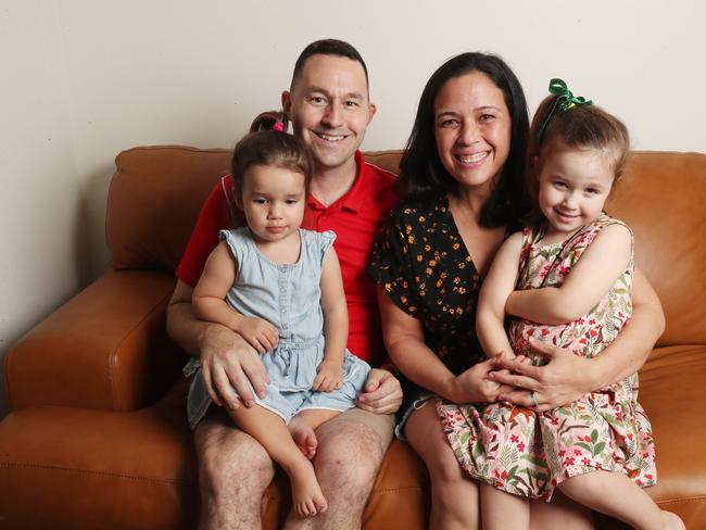 Robyn Sinclair and Doug Newnham  with their two kids Evie 4yrs and Jessie 2yrs (blue dress ), kids are Sinclair-Newnham . Pic Annette Dew