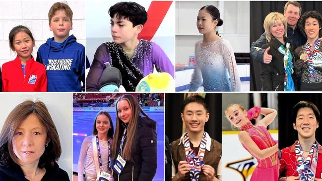 US ice skaters who were on-board the American Airlines plane which crashed in Washington DC. (Top L-R) Angela Yang and Sean Kay, Franco Aparicio, Jinna Han, Evgenia Shishkova, Vadim Naumov and Spencer Lane. (bottom L-R) Inna Volyanskaya, Alydia and Everly Livingston, Eddie Zhou, Brielle Beyer, Cory Haynos. Supplied