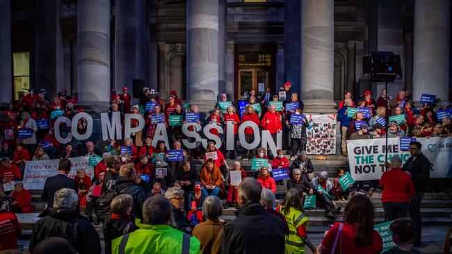 A crowd on the steps for Parliament House holding a vigil for the Voluntary Assisted Dying vote last month. Picture: Tom Huntley