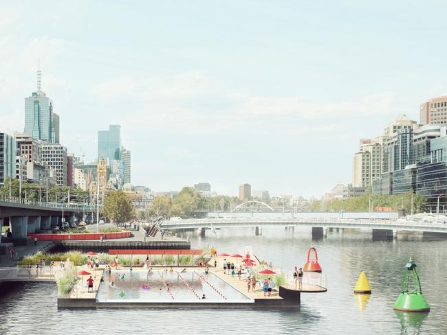 The concept includes a floating pool, fishing pontoon and other recreational facilities. Picture: Yarra Pools