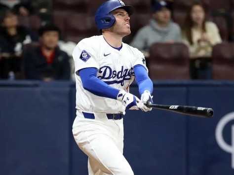 Freddie Freeman hits a double in the 4th inning during the exhibition game between Los Angeles Dodgers and Kiwoom Heroes on March 17, 2024. Picture: Getty