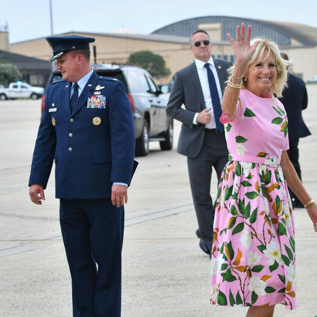 US First Lady Jill Biden waves before boarding Air Force One (Photo by Nicholas Kamm / AFP)