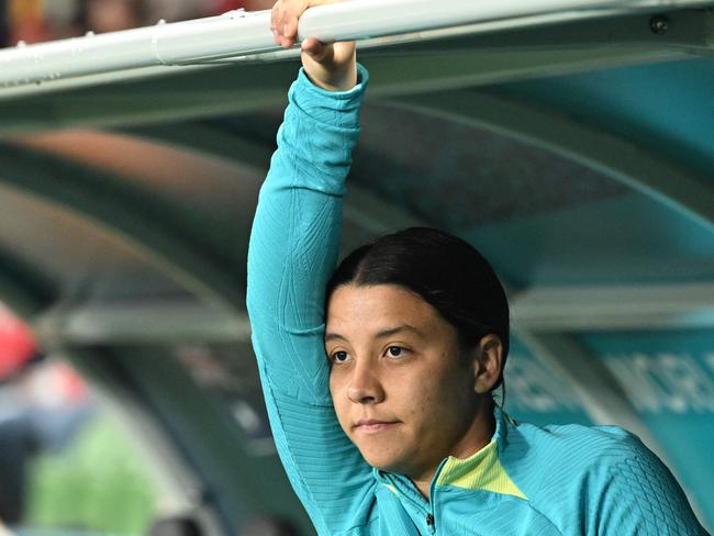 Sam Kerr watches from the bench in Australia’s win over Canada. Picture: William West / AFP