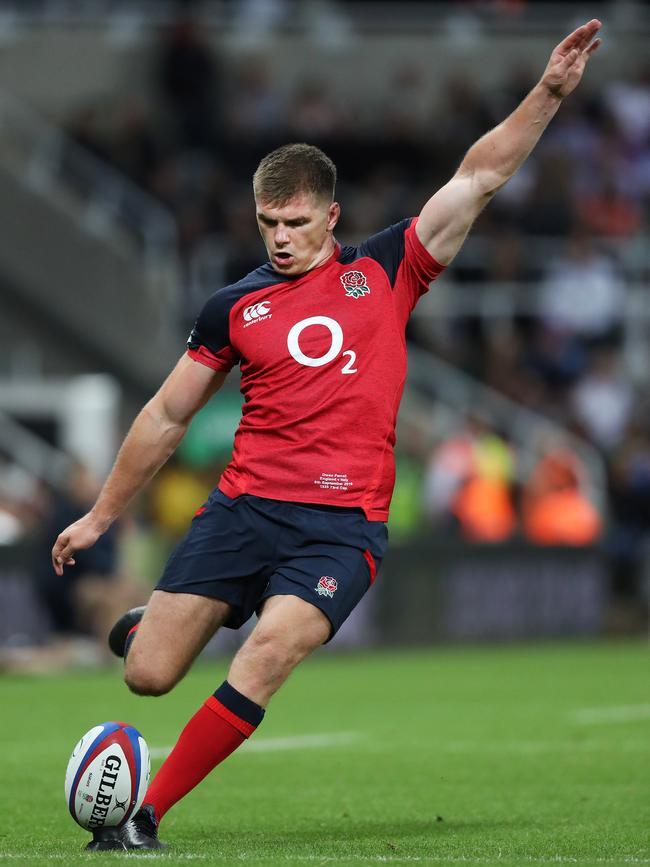 Owen Farrell of England kicks a conversion at St James’ Park.