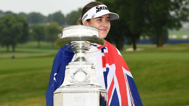 CHASKA, MINNESOTA - JUNE 23: Hannah Green of Australia poses with the trophy after winning the KPMG PGA Championship at Hazeltine National Golf Club on June 23, 2019 in Chaska, Minnesota.   Stacy Revere/Getty Images/AFP == FOR NEWSPAPERS, INTERNET, TELCOS & TELEVISION USE ONLY ==