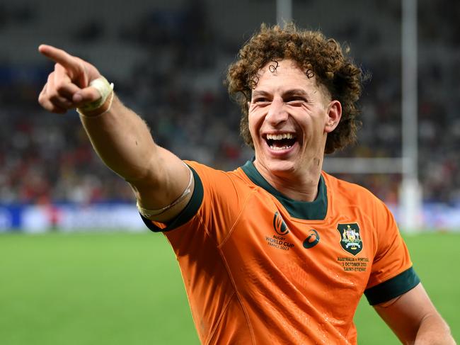 SAINT-ETIENNE, FRANCE - OCTOBER 01: Mark Nawaqanitawase of Australia celebrates victory at full-time following the Rugby World Cup France 2023 match between Australia and Portugal at Stade Geoffroy-Guichard on October 01, 2023 in Saint-Etienne, France. (Photo by Stu Forster/Getty Images) *BESTPIX*