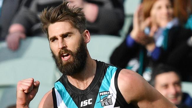 Justin Westhoff of the Power reacts after scoring a goal during the Round 23 AFL match between the Port Adelaide Power and the Fremantle Dockers at the Adelaide Oval in Adelaide, Sunday, August 25, 2019. (AAP Image/David Mariuz) NO ARCHIVING, EDITORIAL USE ONLY