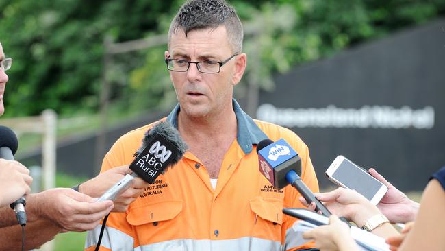 Australian Manufacturing Workers’ Union state secretary Rohan Webb addresses the media after staff were told their jobs were on the line on Thursday. Picture: Shae Beplate