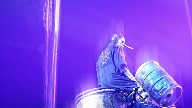 Slipknot stage drummer Chris Fehn during the performance at the Brisbane Entertainment Centre. Picture: Asagai Images